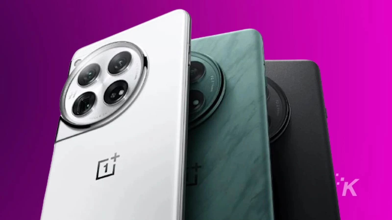 This image features three OnePlus 12 smartphones in white, green, and black, showcasing their rear camera setups against a vibrant purple background.