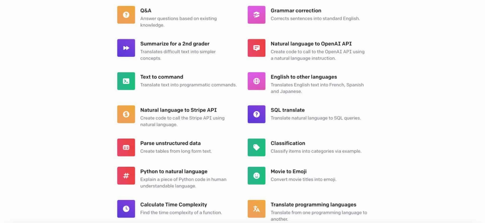 This image is demonstrating how to use programming languages to convert text, natural language, and data into different formats, such as standard English, programmatic commands, and emoji. Full Text: Q&A Grammar correction Answer questions based on existing Corrects sentences into standard English. knowledge. Summarize for a 2nd grader Natural language to OpenAI API Translates difficult text into simpler Create code to call to the OpenAI API using concepts. a natural language instruction. Text to command English to other languages Translate text into programmatic commands. Translates English text into French, Spanish and Japanese. Natural language to Stripe API SQL translate Create code to call the Stripe API using Translate natural language to SQL queries. natural language. Parse unstructured data Classification Create tables from long form text. Classify items into categories via example. # Python to natural language Movie to Emoji Explain a piece of Python code in human Convert movie titles into emoji. understandable language. L Calculate Time Complexity Translate programming languages Find the time complexity of a function. Translate from one programming language to another.