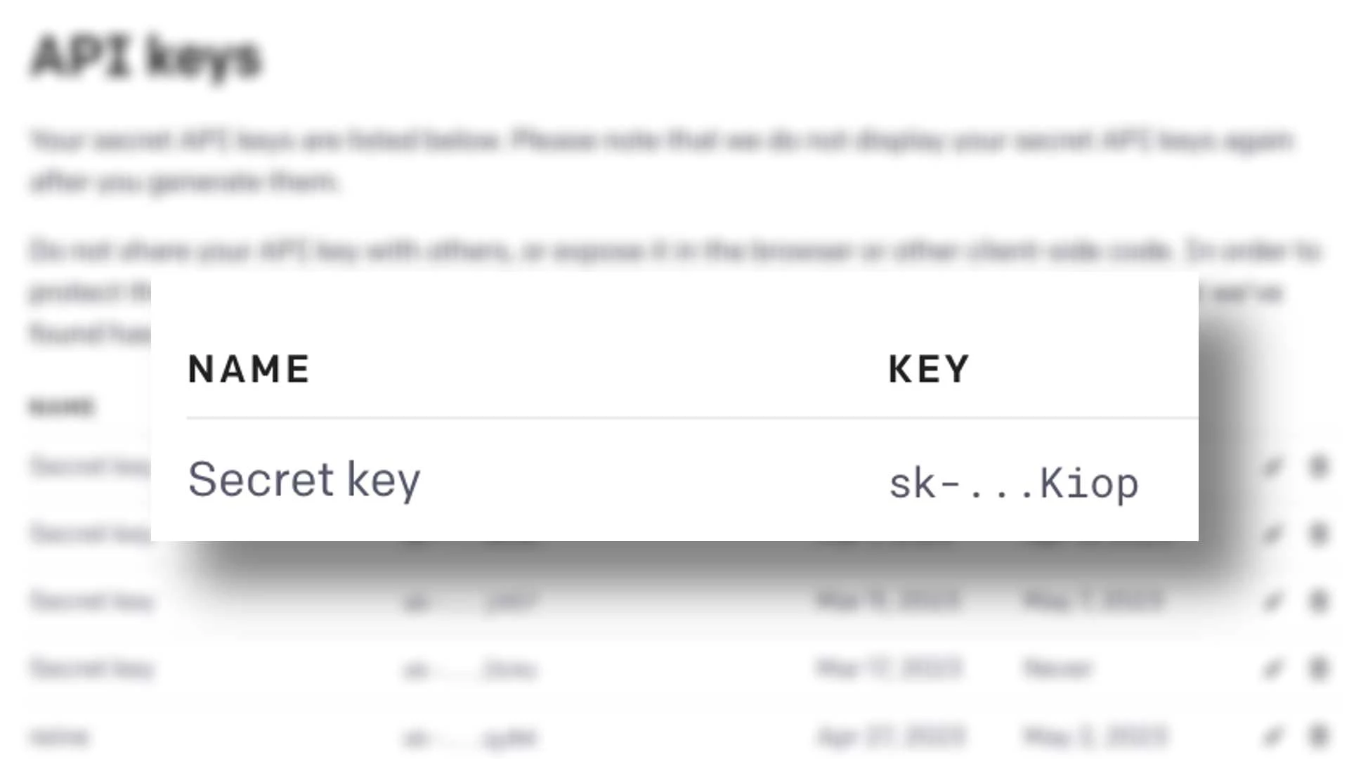 The image is showing an example of an API key with a name, key, and secret key being displayed. Full Text: API keys -- NAME KEY Secret key sk -... Kiop