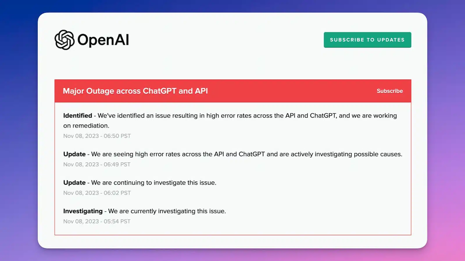 OpenAI is experiencing a major outage across their API and ChatGPT, and they are actively investigating the cause.