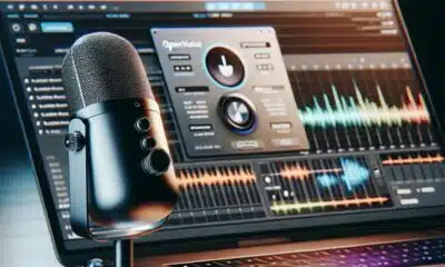 image of a laptop and microphone setup in a dark room