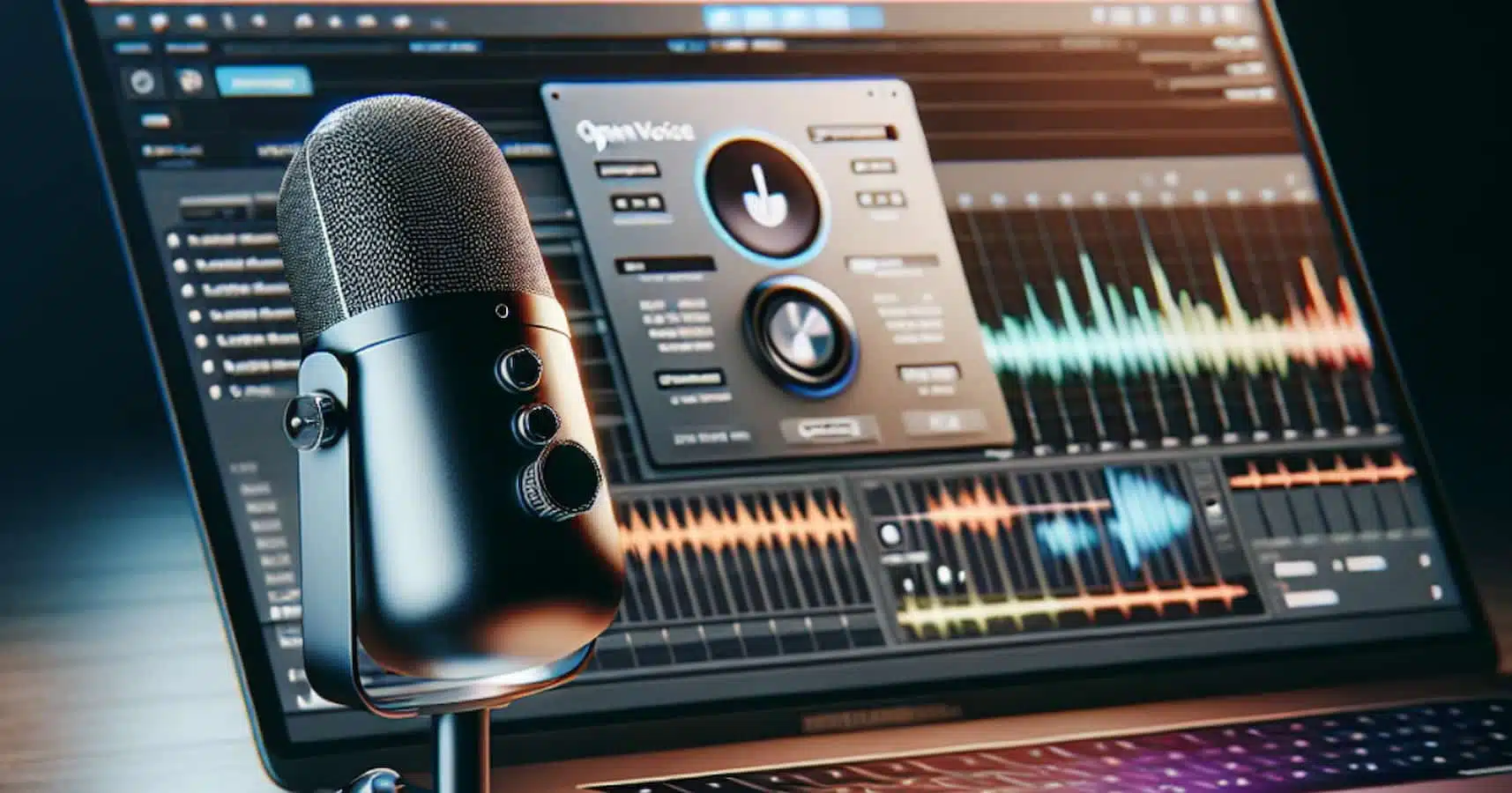 image of a laptop and microphone setup in a dark room