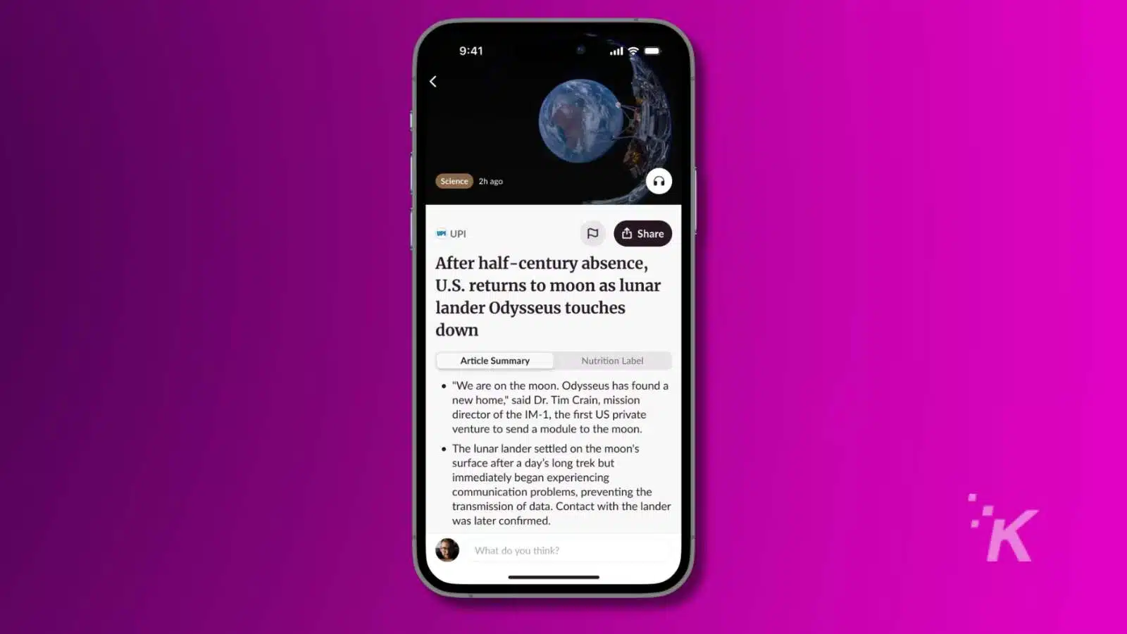 Smartphone showing news article about US lunar lander.