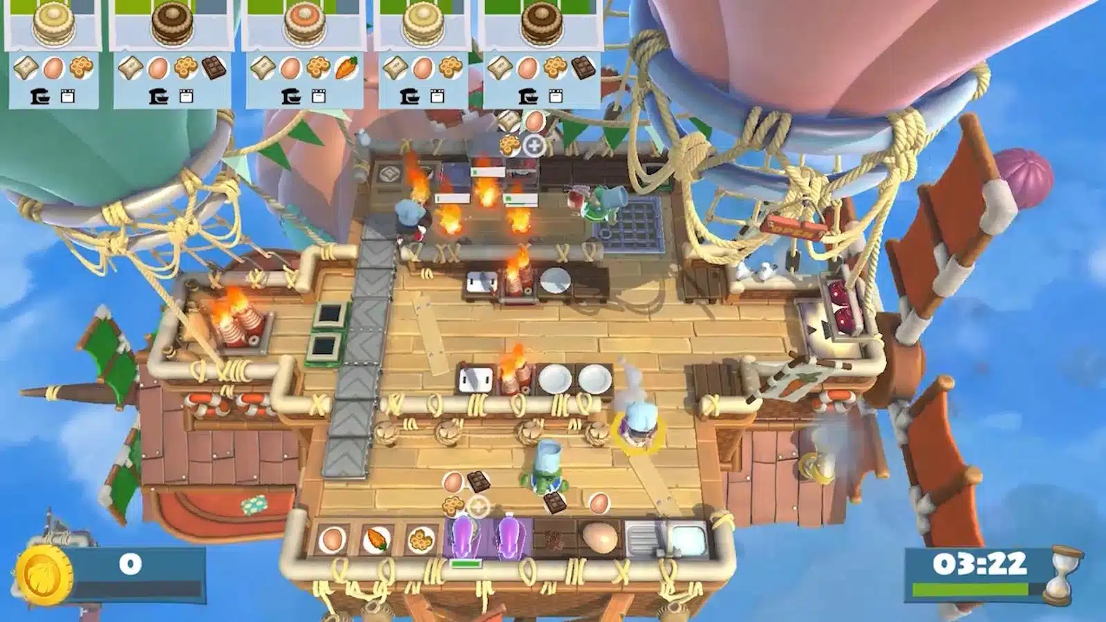 Chaotic kitchen in cooperative cooking game.