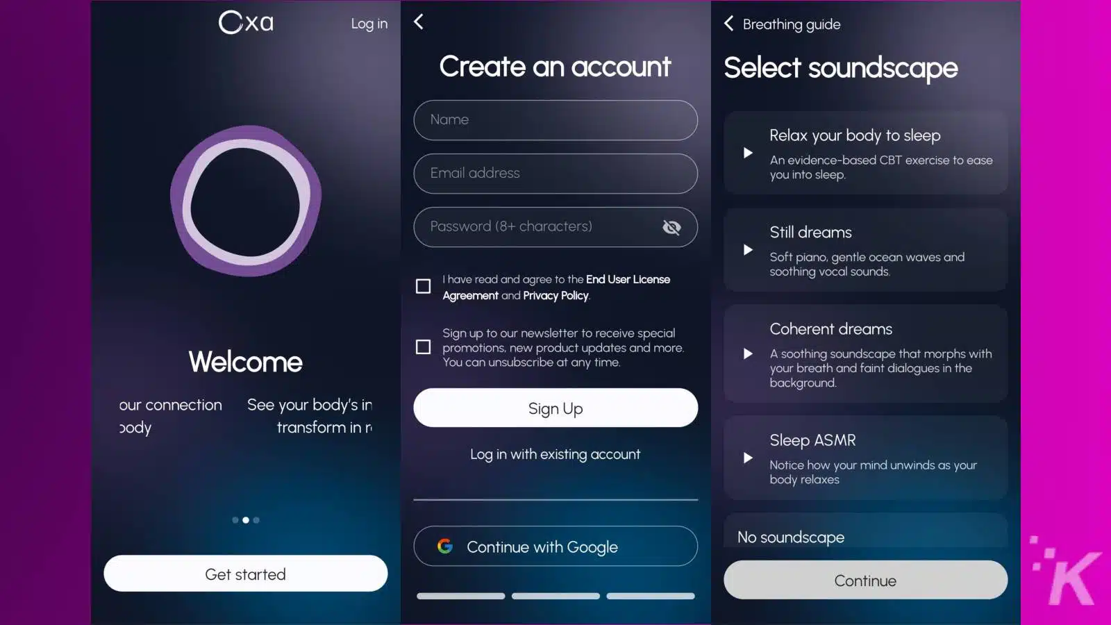 Screenshots of a mobile app for creating accounts and selecting soundscapes.