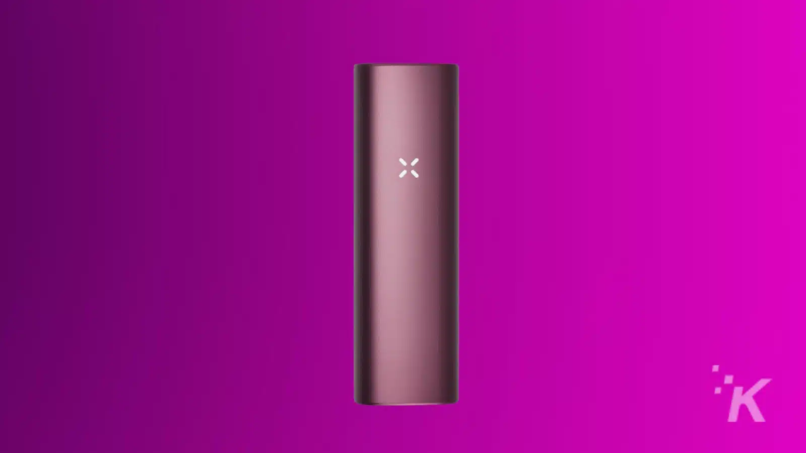 Bronze cylinder with logo on purple background.
