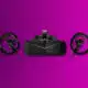 render of a VR headset and controllers on purple background.
