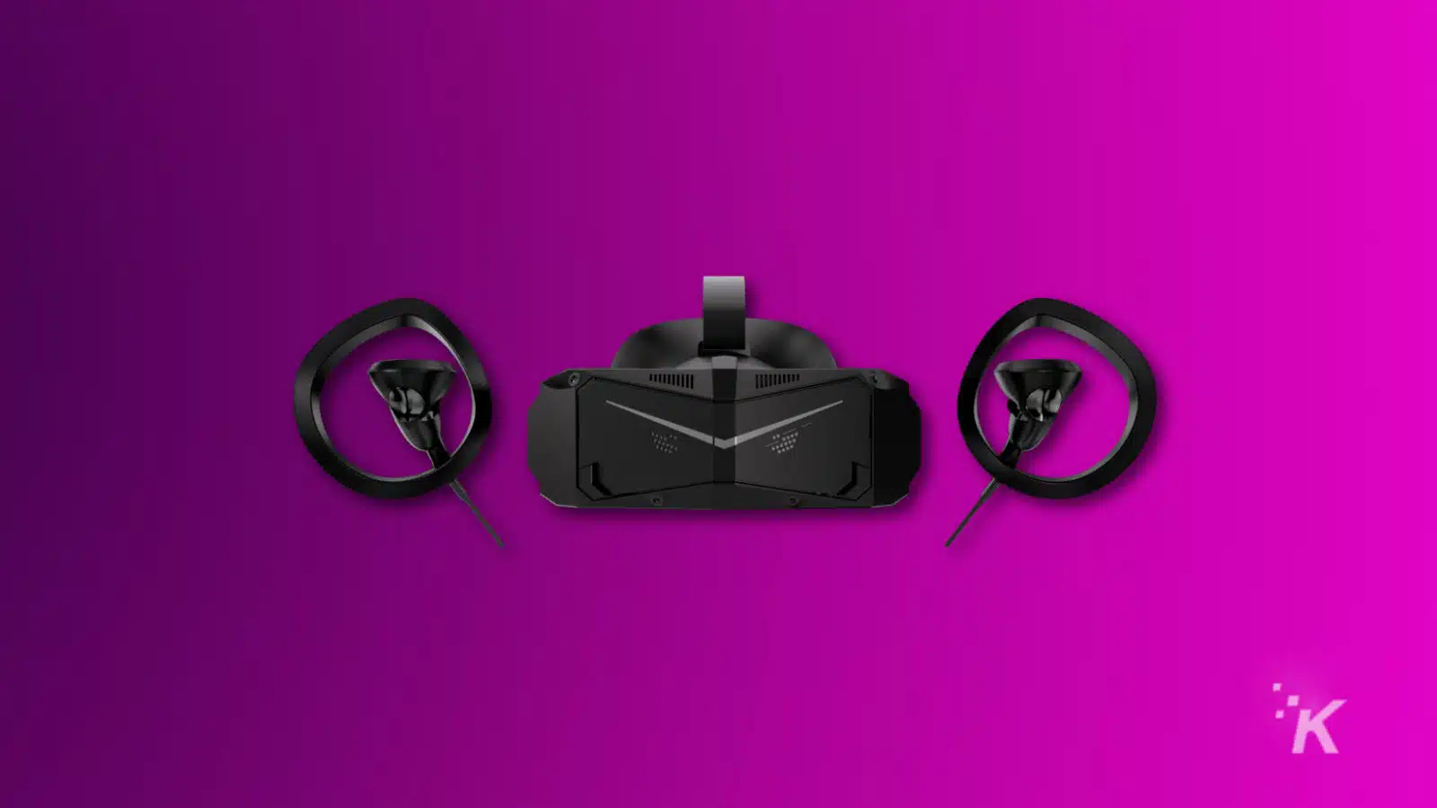 render of a VR headset and controllers on purple background.