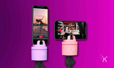 image of two pivo pods holding smartphones over a purple background