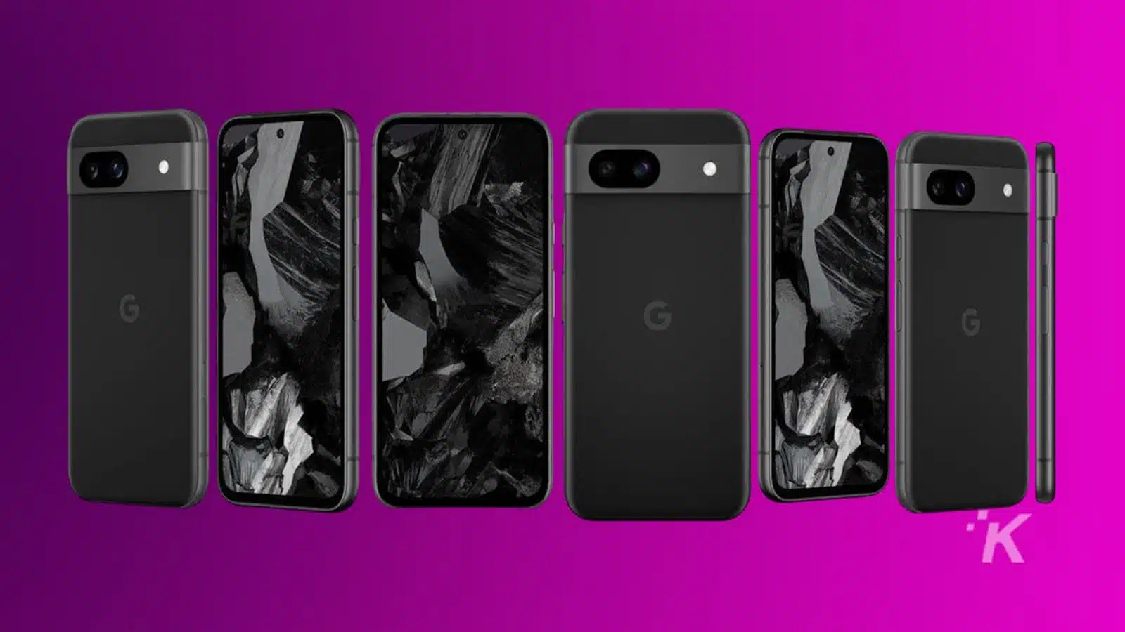 Google smartphones on purple background.