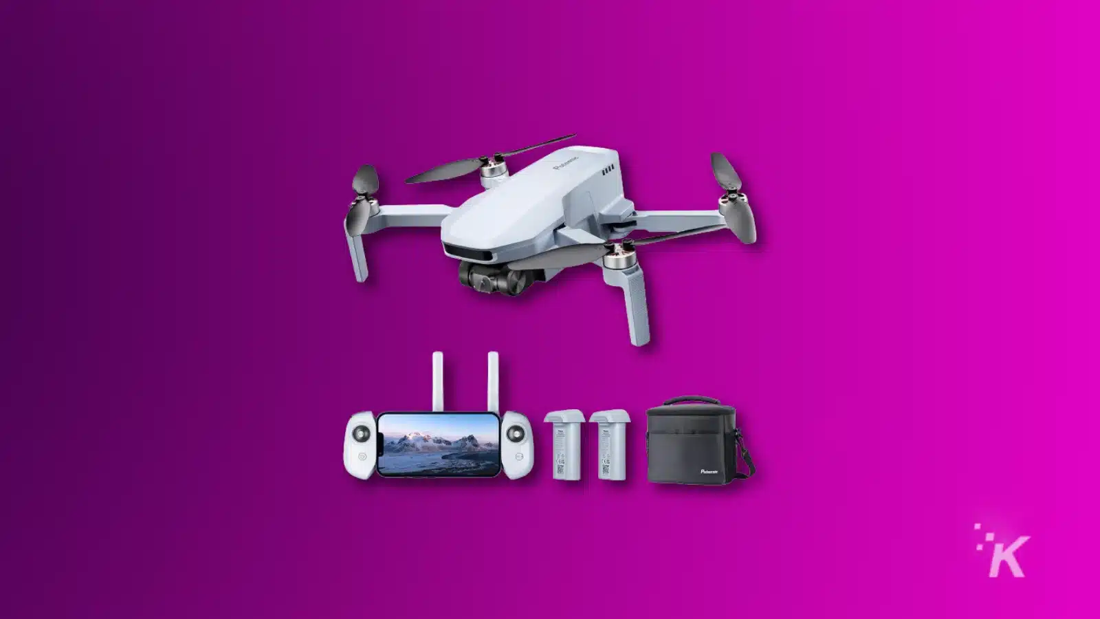render of a potensic atom se gps drone and its accessories on a purple background