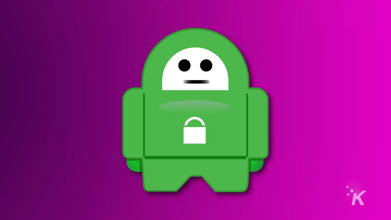 Green robot with lock icon on purple background.