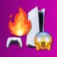 ps5 with fire overheating symbol and shocked emoji
