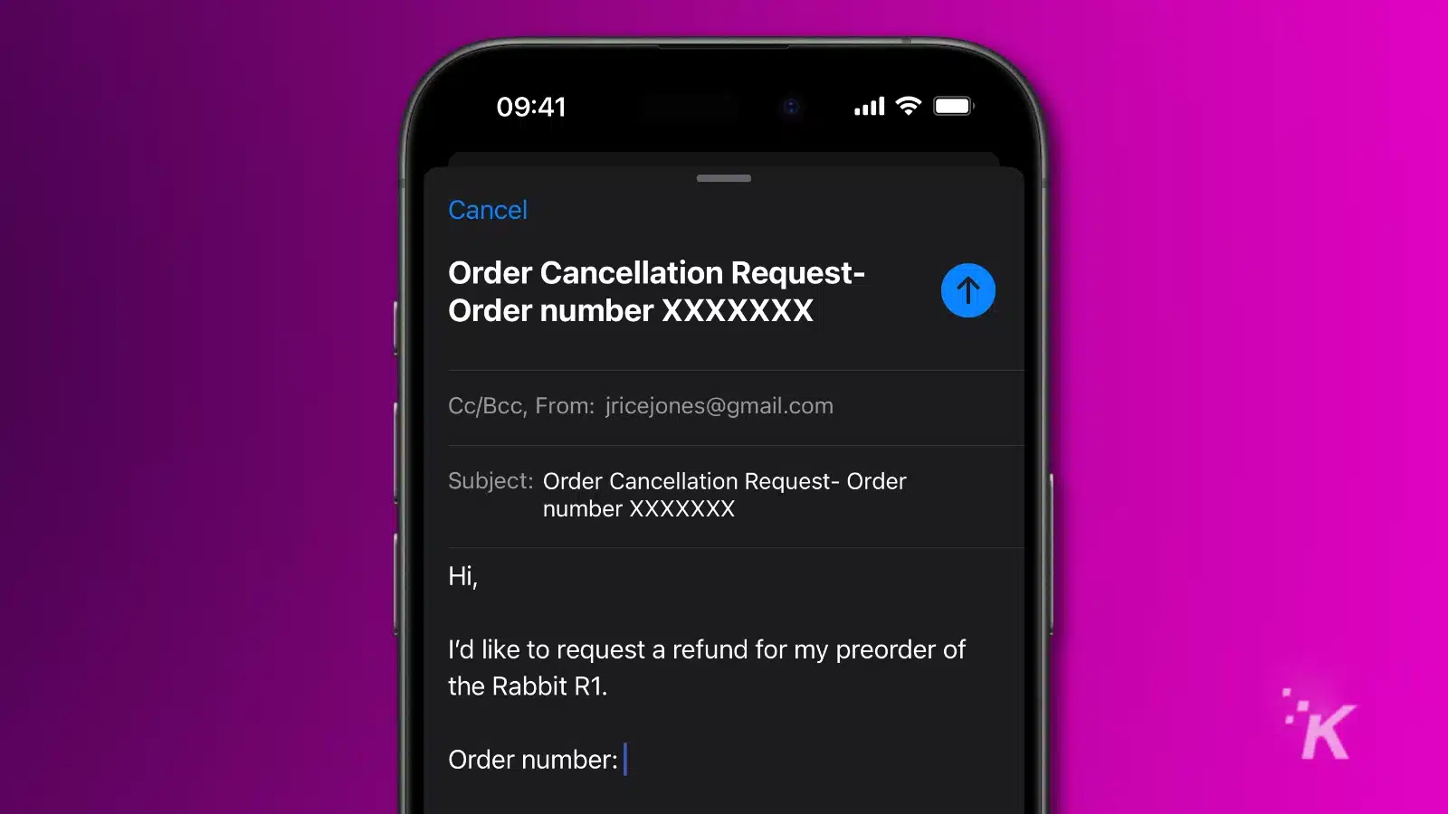 Smartphone displaying order cancellation email request.