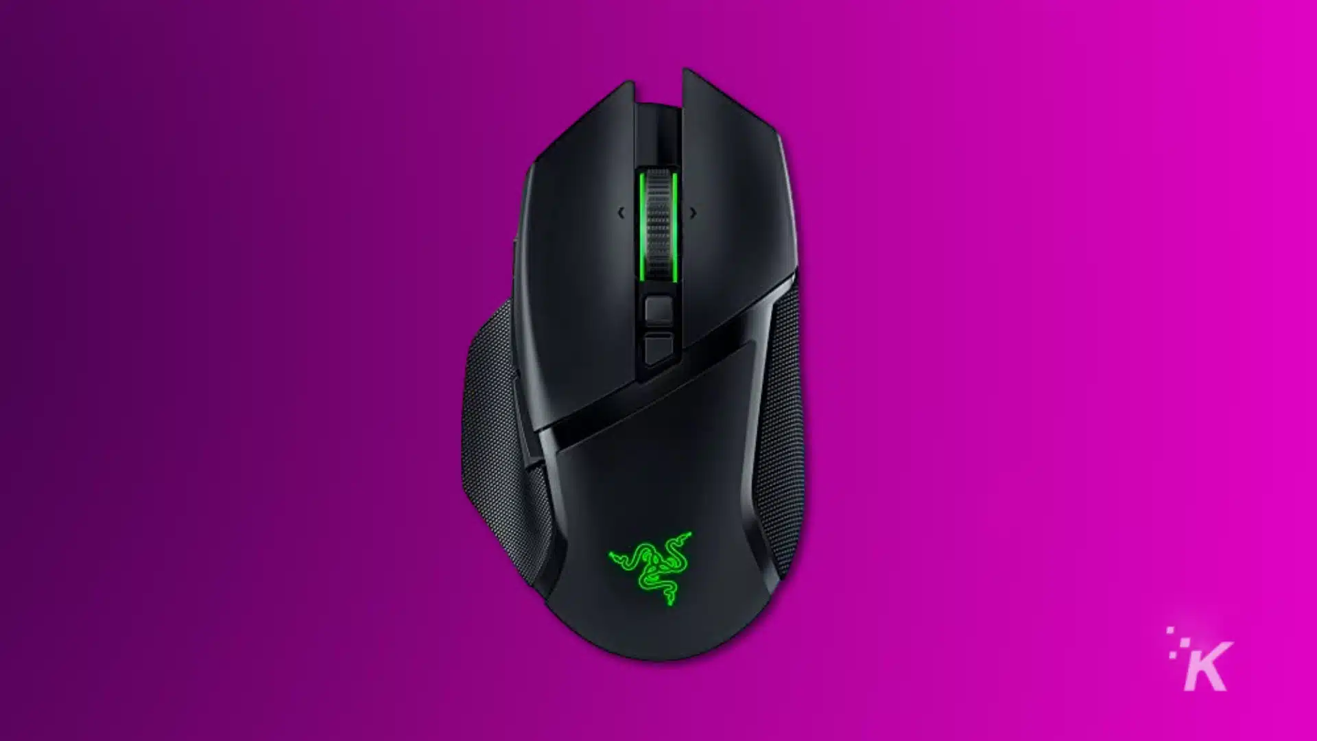 a render of a razer basilisk v3 pro gaming mouse on a purple background