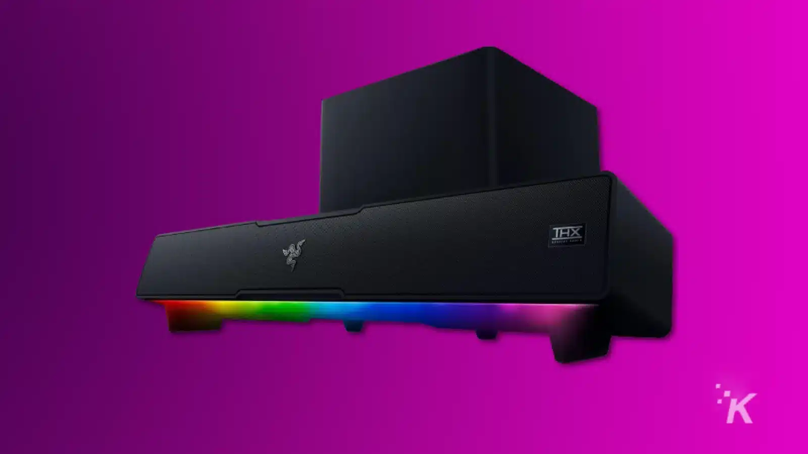 render of razer leviathan v2 gaming soundbar on a purple background