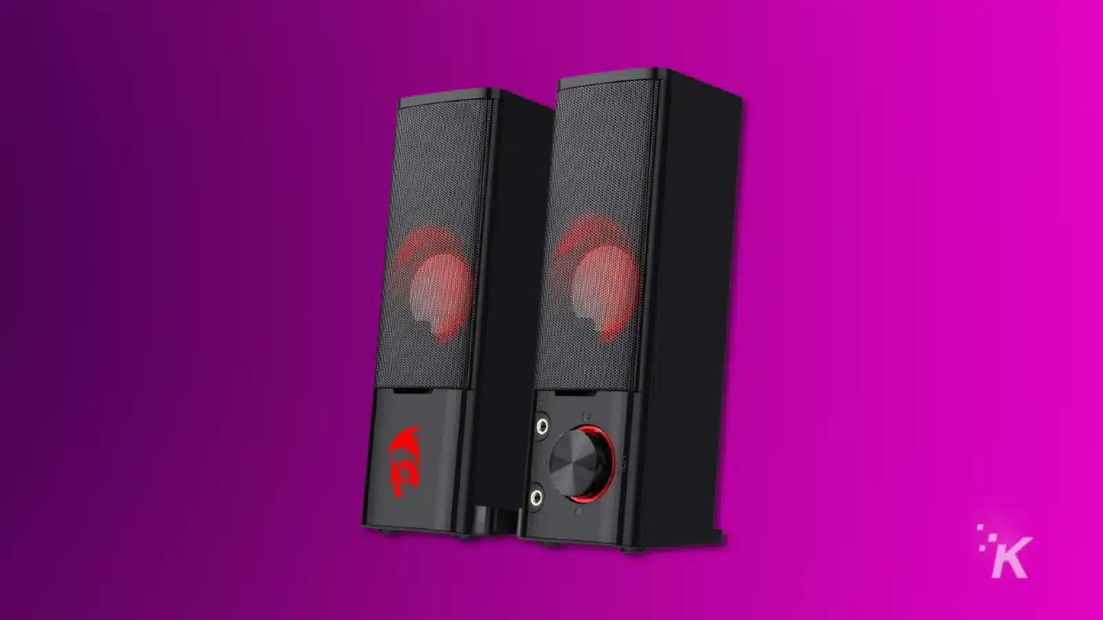 render of redragon g550 gaming speakers on a purple background