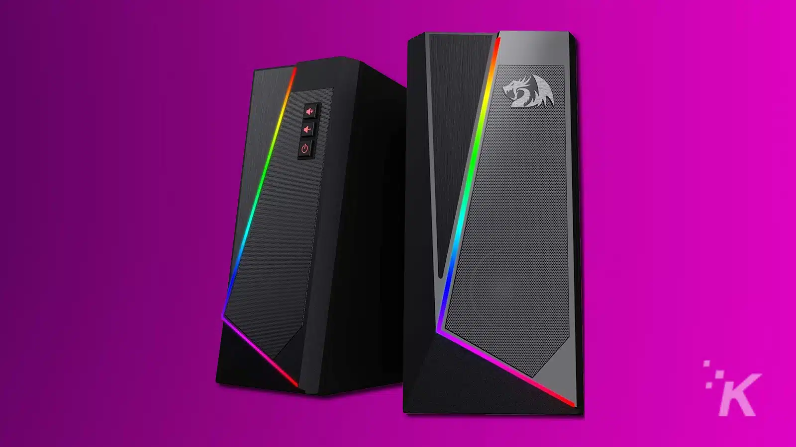 Gaming speakers with RGB lighting on purple background