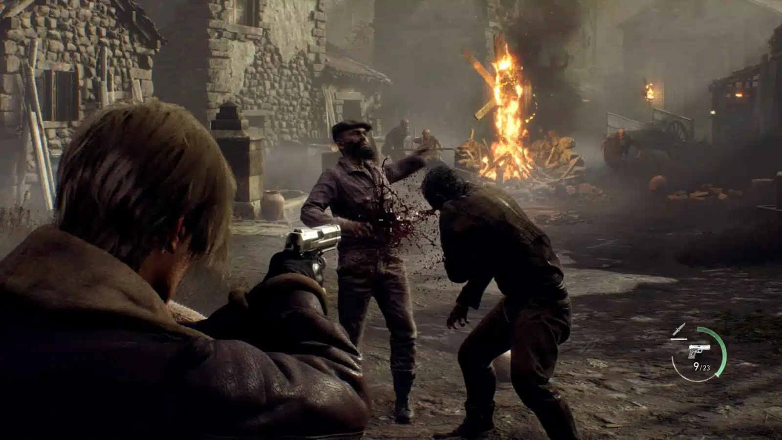 Man shooting a zombie in a burning village scene.