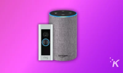 Ring Video Doorbell and Alexa Echo device on the purple background
