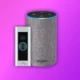 Ring Video Doorbell and Alexa Echo device on the purple background