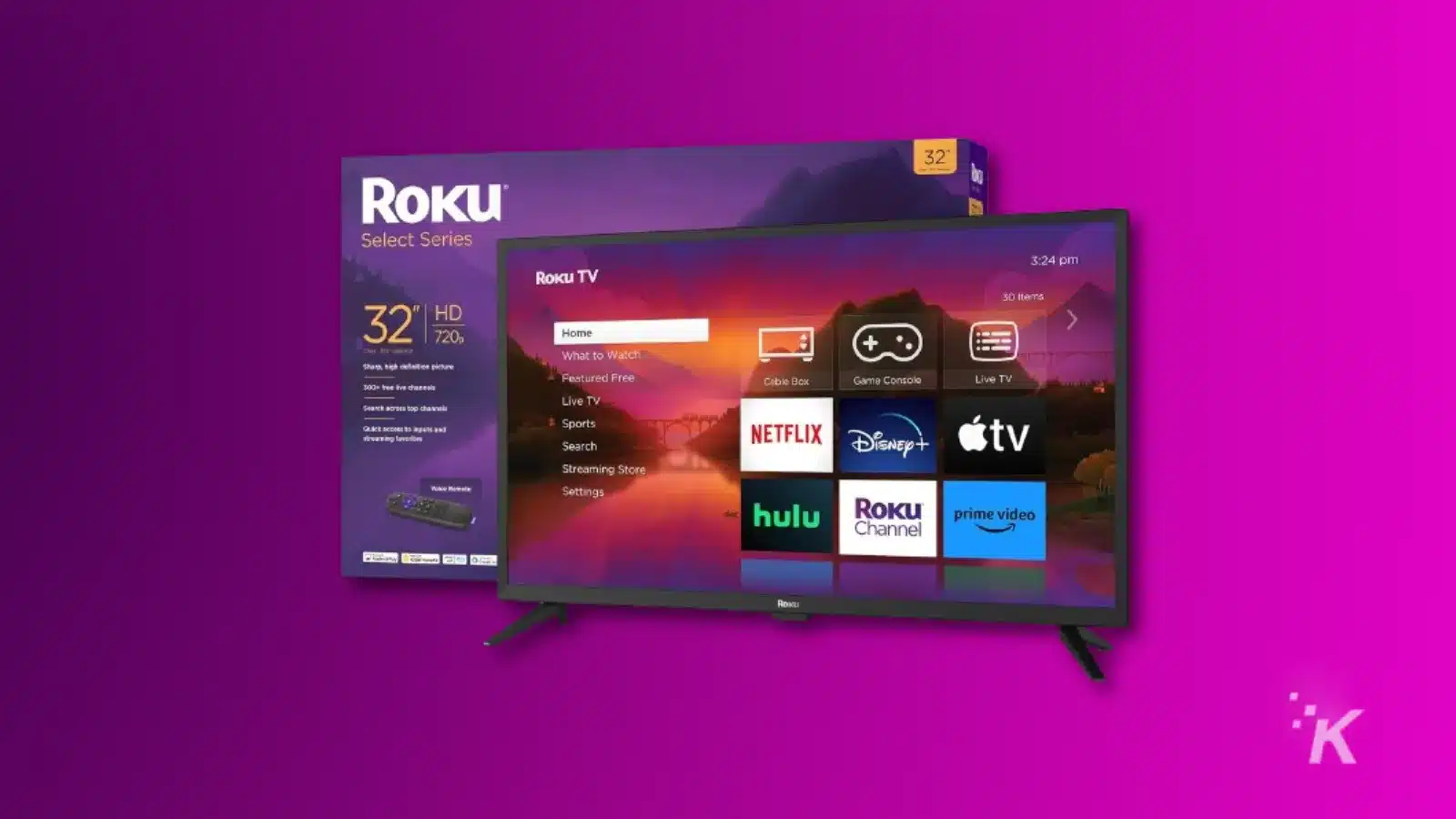 Roku TV displaying various streaming apps on screen, on a purple background
