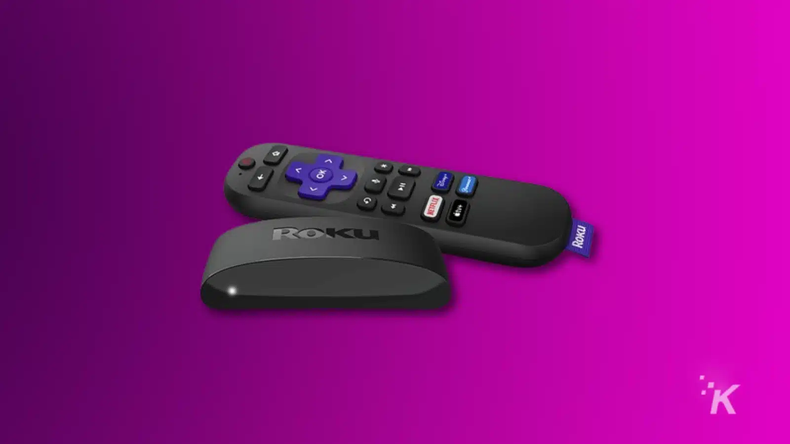 Roku streaming stick and remote on purple background.
