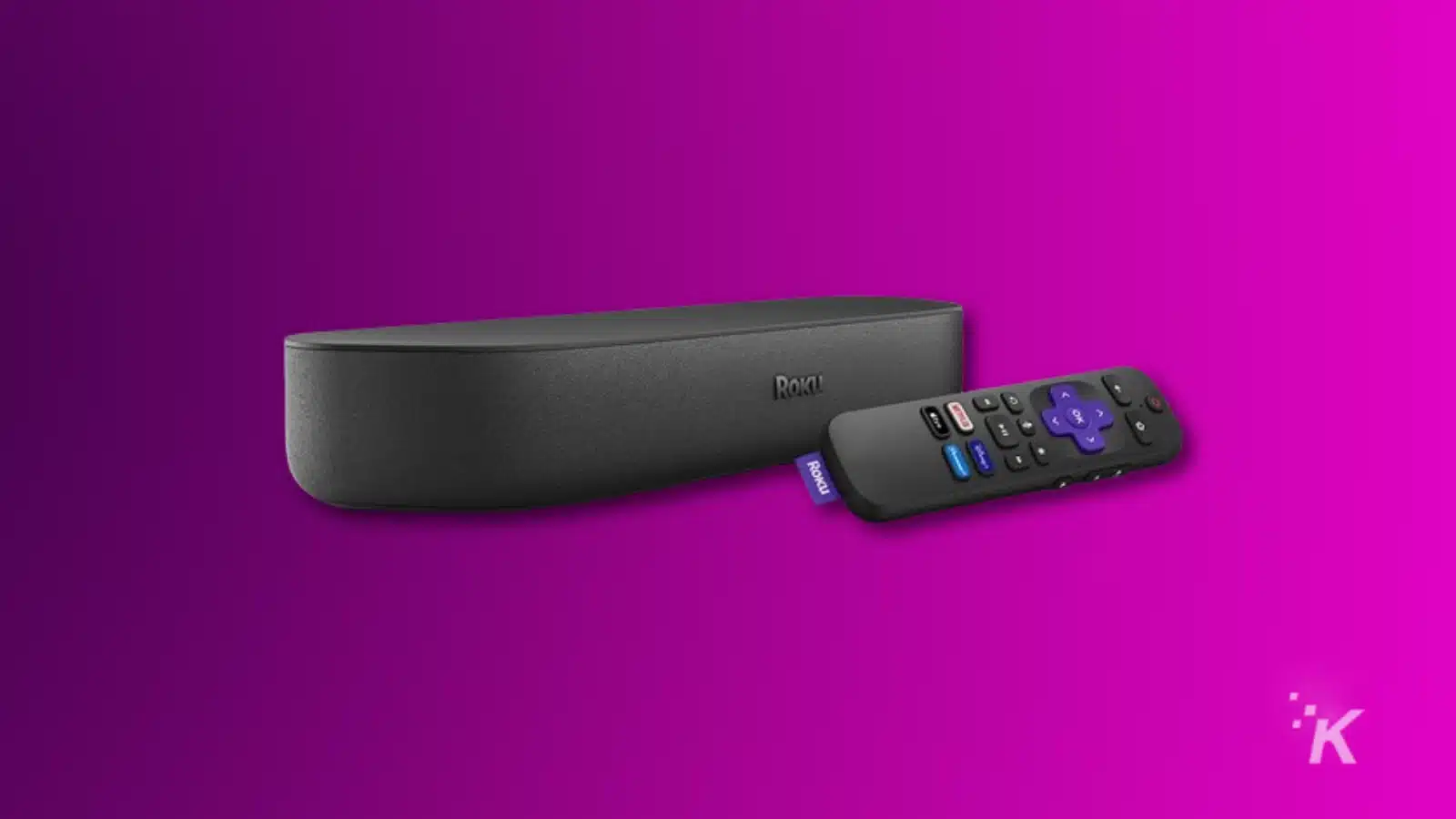 Soundbar and remote on purple background.