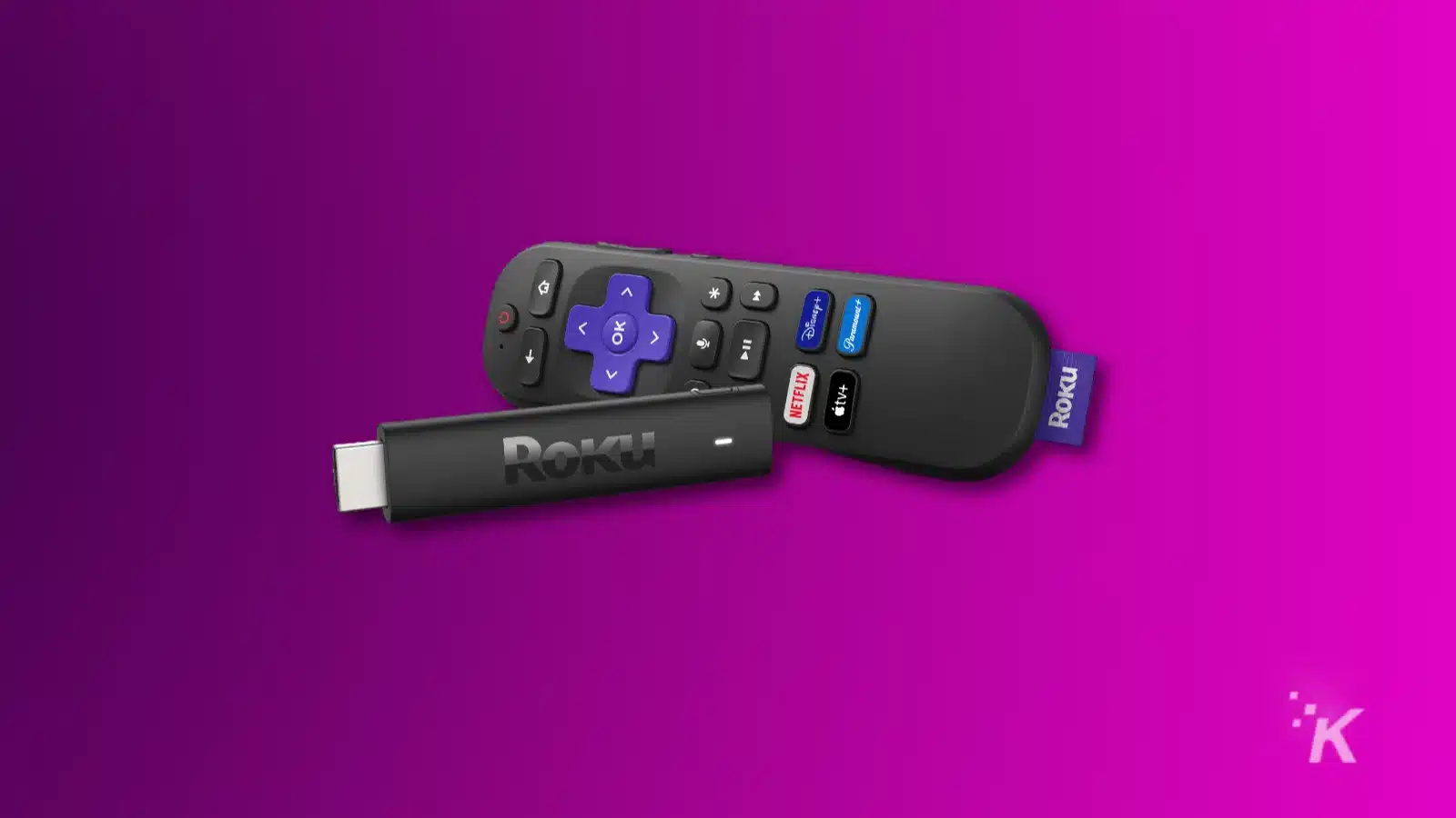 Roku streaming stick and remote on purple background