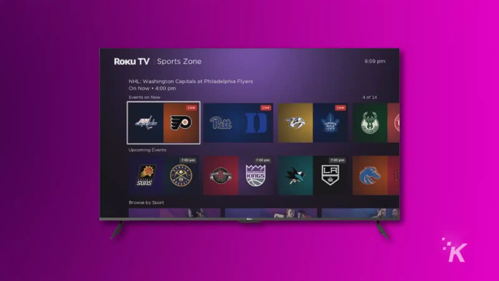 Smart TV displaying live sports streaming interface.