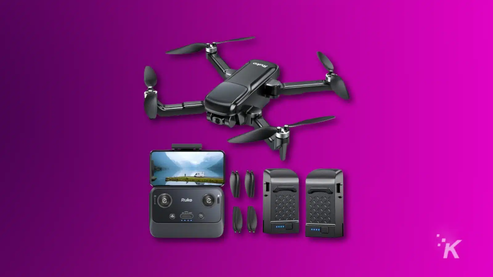 render of a ruko u11pro drone and accessories on a purple background