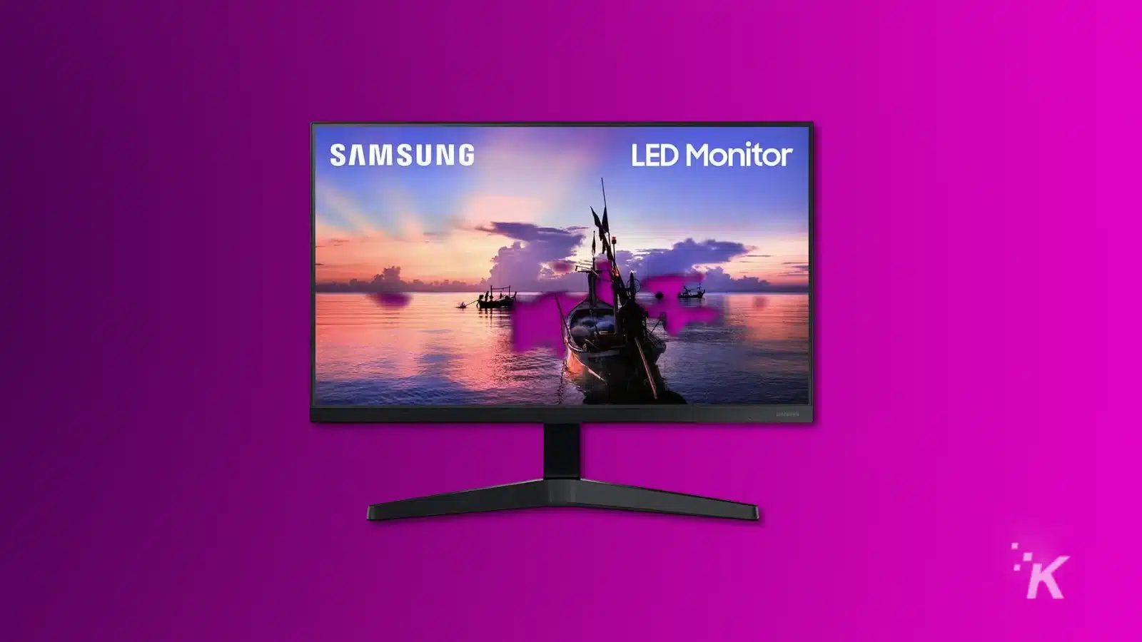 render of a samsung led monitor on a purple background