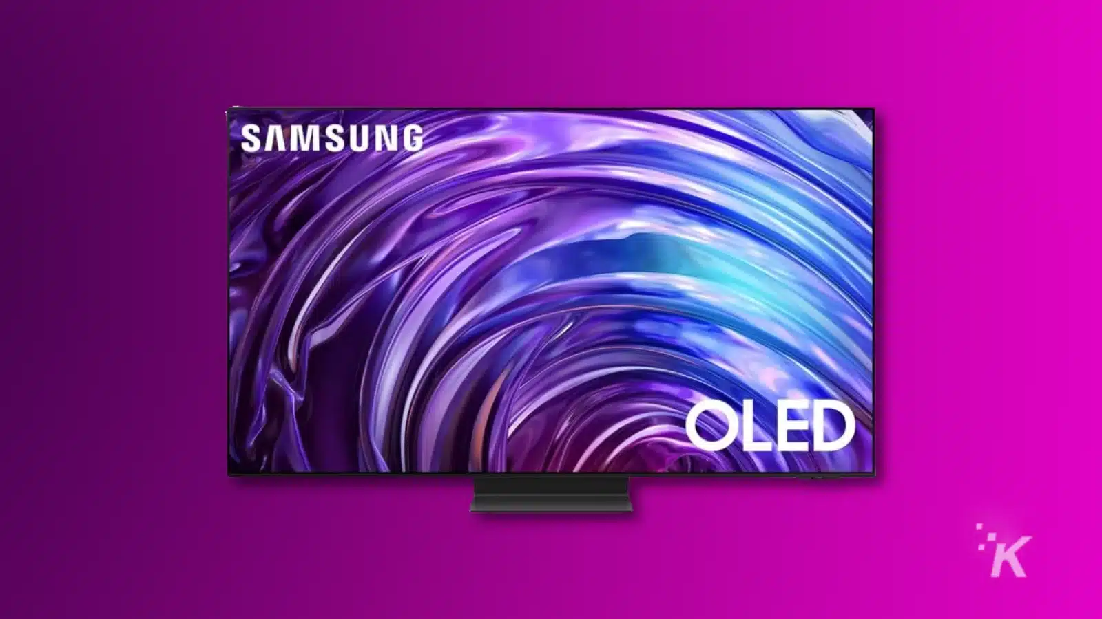 Samsung OLED TV on vibrant purple background.
