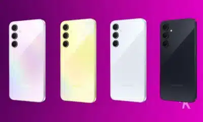 Four Samsung smartphones, various colors, rear view.