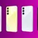 Four Samsung smartphones, various colors, rear view.
