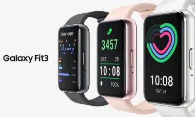 Three different smartwatches displaying various health tracking functions with the text "Galaxy Fit 3" on a white background.
