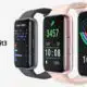 Three different smartwatches displaying various health tracking functions with the text "Galaxy Fit 3" on a white background.