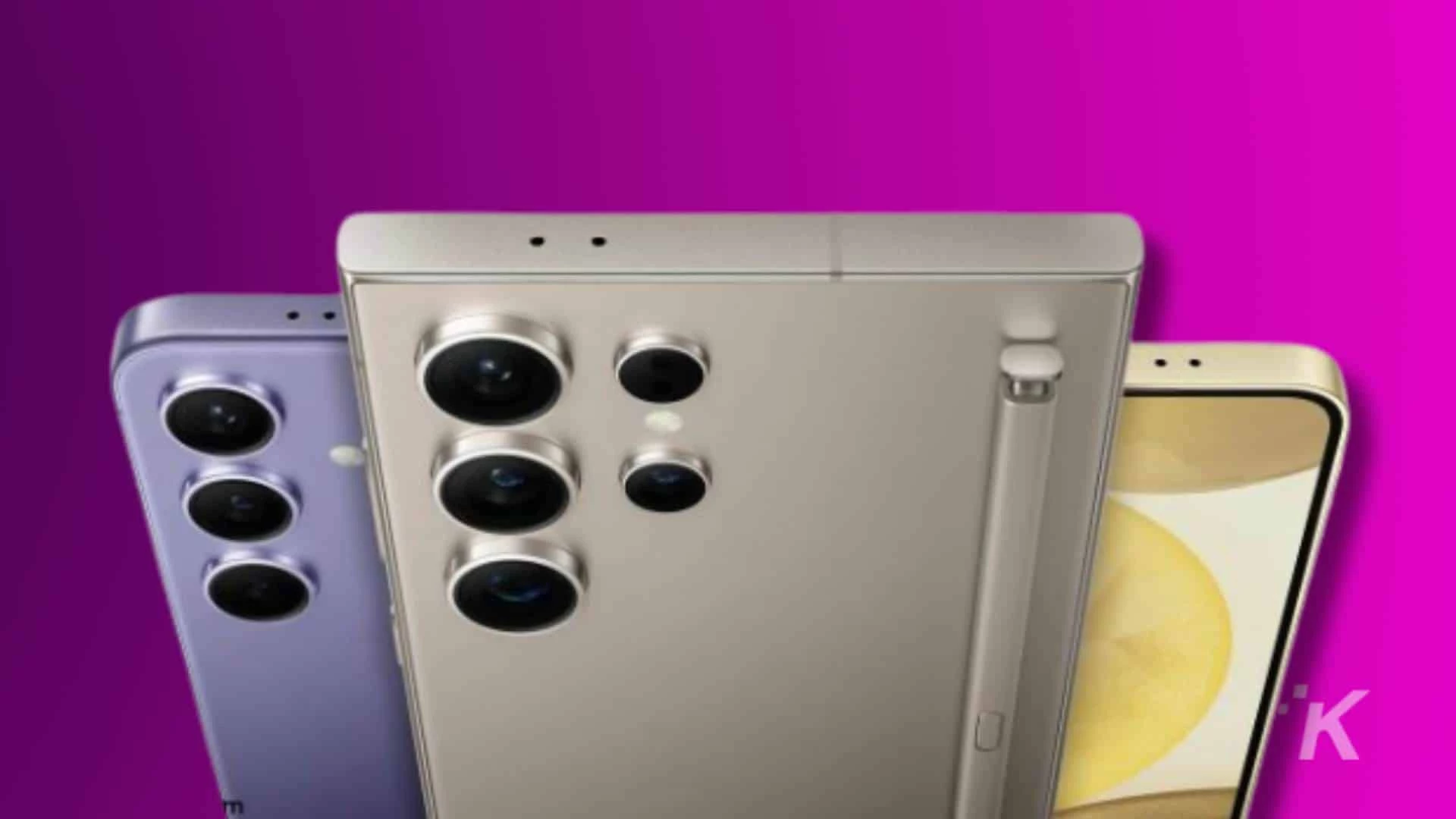samsung galaxy s24 plus and ultra on a purpel back ground