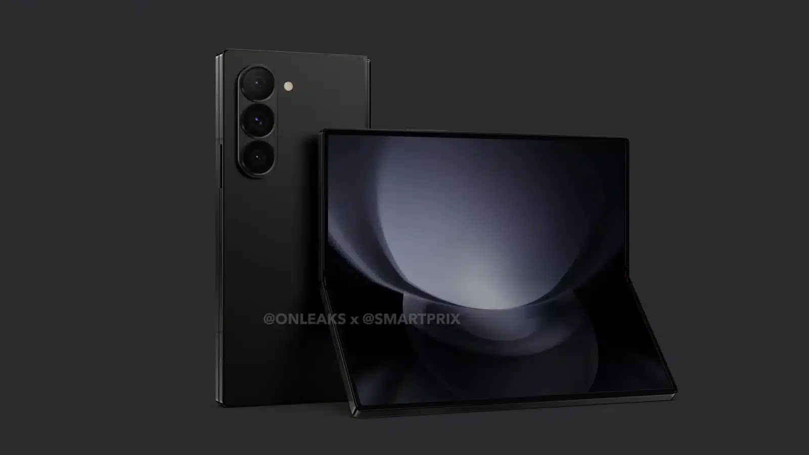 An unfolded black foldable smartphone standing upright with a three-camera system on the back, against a dark background with the watermark "@onleaks x @smartprix".