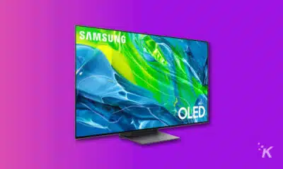 samsung s95b oled tv on a purple background