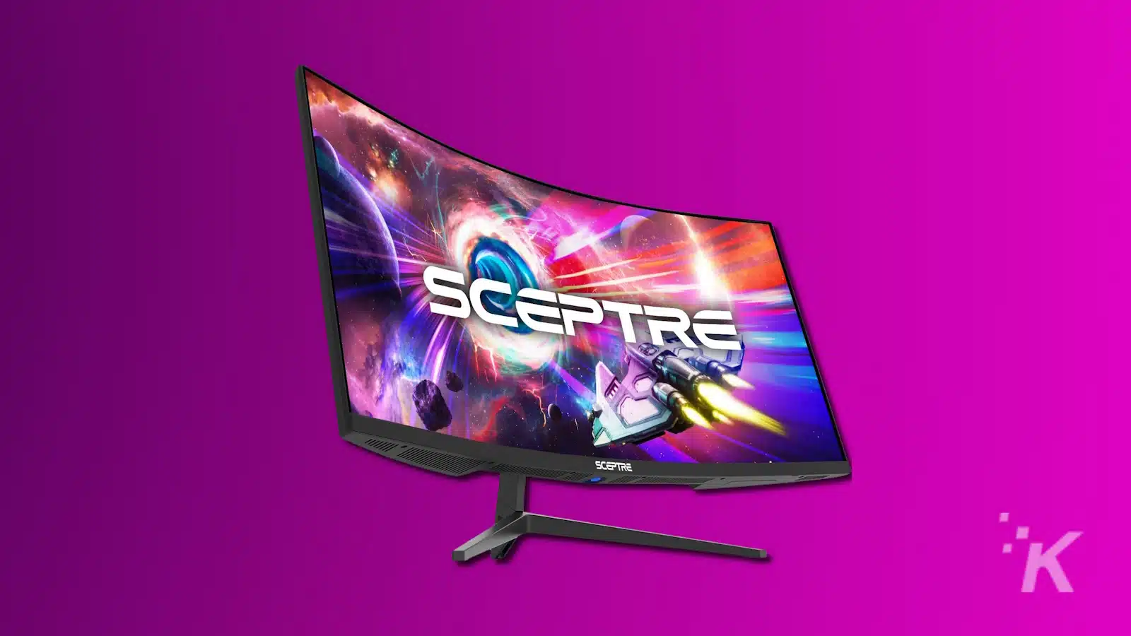 Curved Sceptre gaming monitor on purple background.