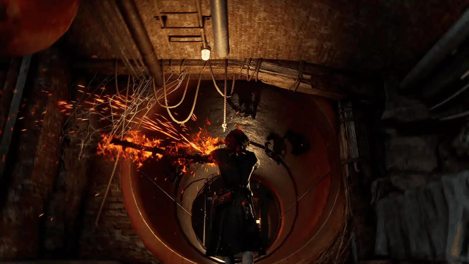 A screenshot of an indoor factory building in front of a warm fireplace.