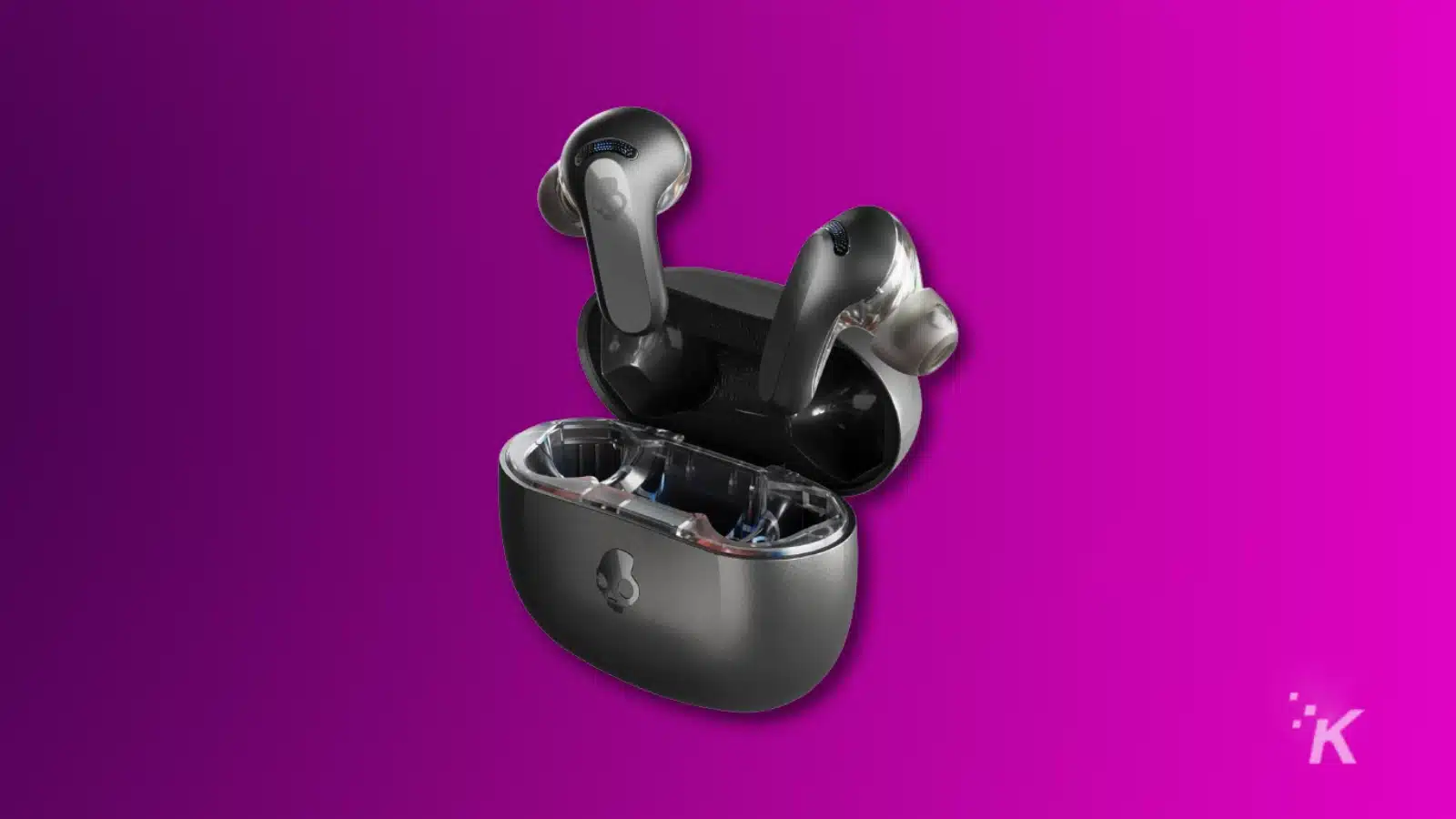 skullcandy rail anc earbuds and charging case on a purple background