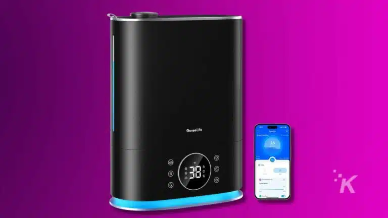 Smart humidifier with mobile app control on purple background.