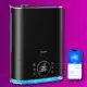 Smart humidifier with mobile app control on purple background.