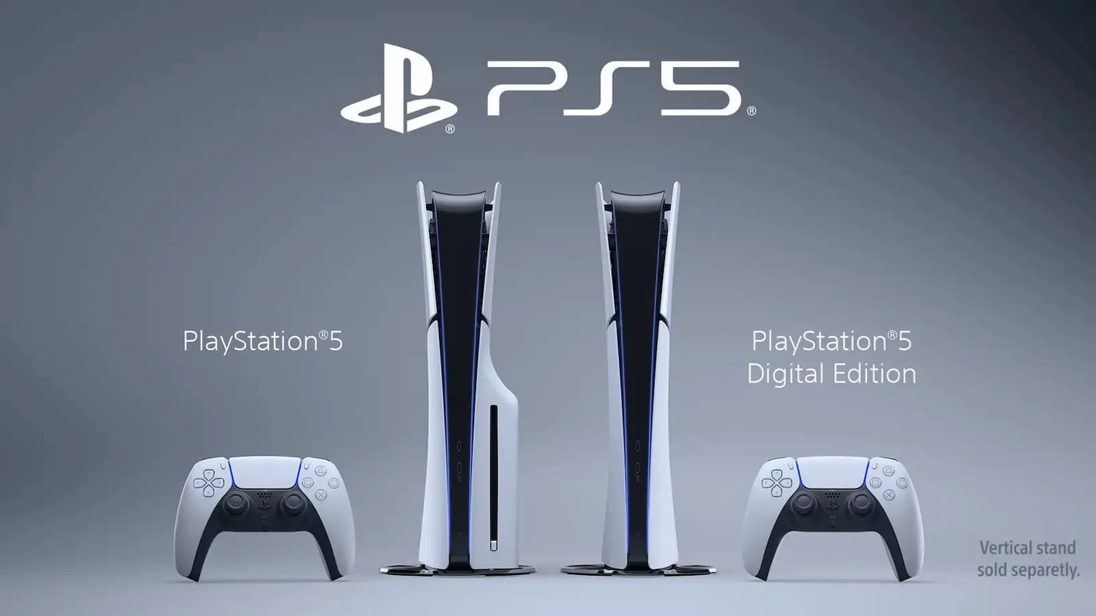 This image is showing the PlayStation 5 Slim and PlayStation 5 Digital Edition, with the Vertical Stand being sold separately.