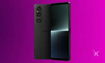 Sony Xperia smartphone on purple background.