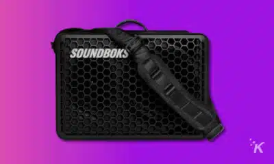 soundboks go bluetooth speaker on purple background