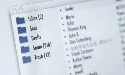 The image shows an email inbox with various folders containing emails from different senders. Full Text: Inbox (2) · Sender · Marie Sent · Sales Drafts . Thomas King . John B Spam (316) · Don Gutenberg Trash (13) · Frank Zurtionze · Ruthie Overs . Monty . Jewell