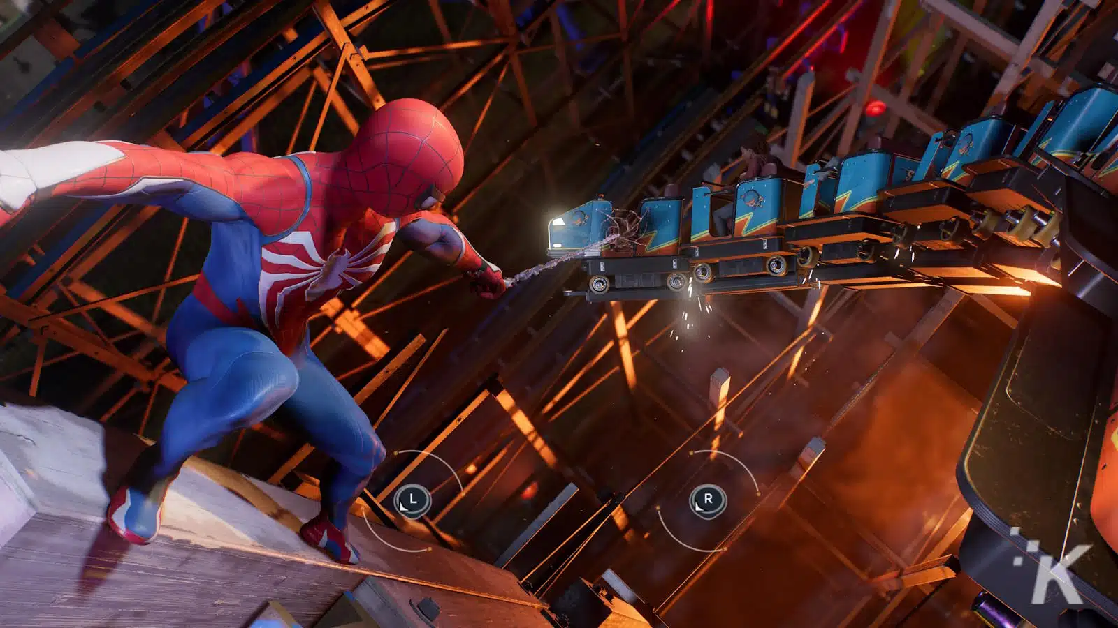 Spider-Man in his classic red and blue costume is using his web to interact with a mechanical device amidst a complex network of girders, with on-screen prompts indicating gameplay controls.